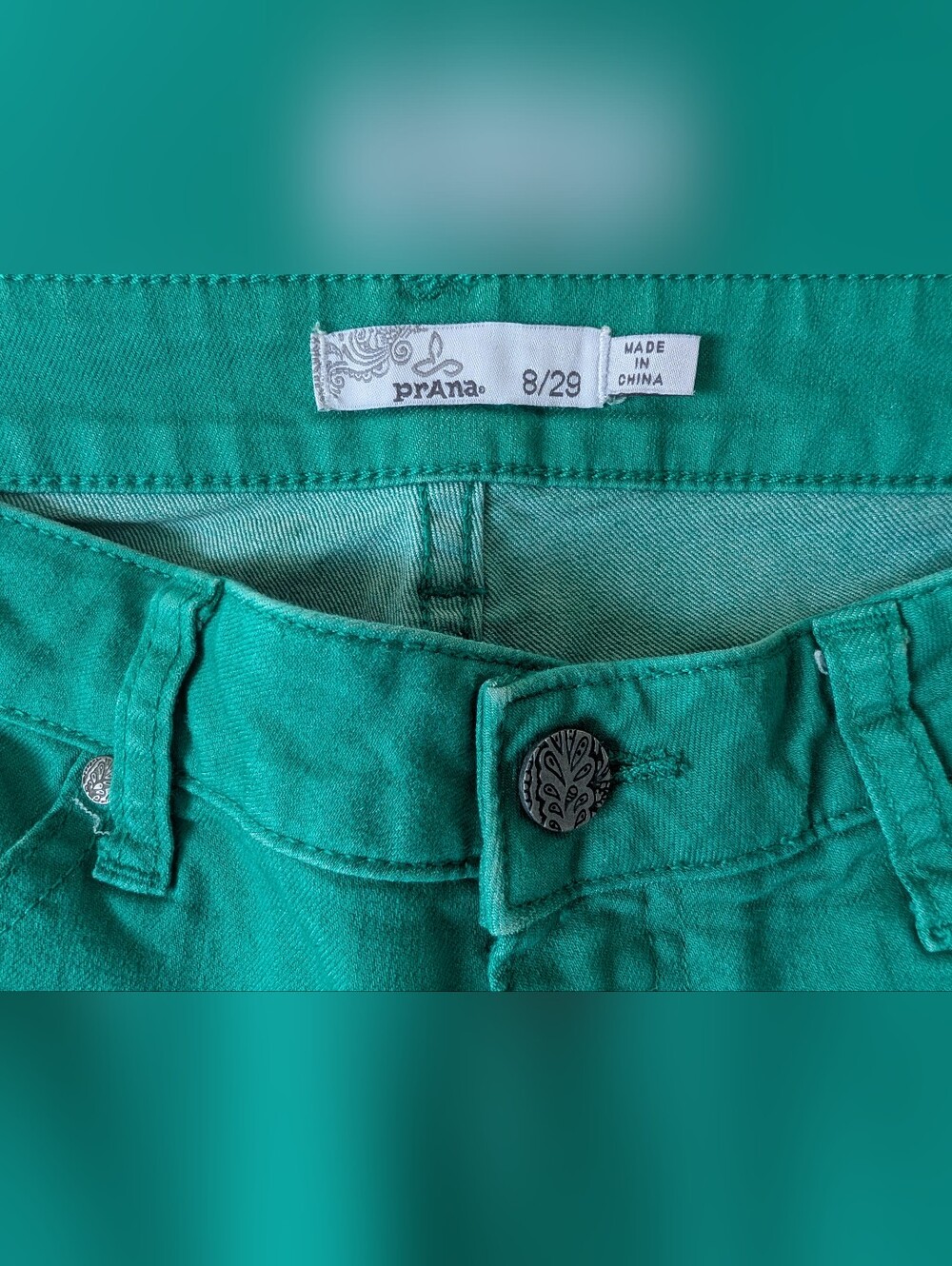 prAna Kara Jeans Outdoor Pants Green Teal Womens Size 8 Stretch Organic Cotton - Picture 5 of 8
